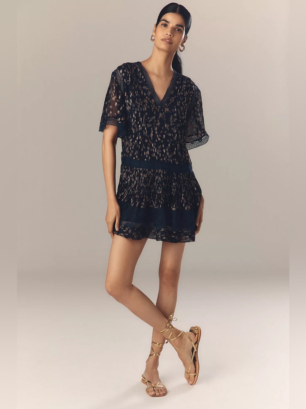 Anthropologie Maeve V-Neck Lurex Tiered Mini Dress Size Extra Small